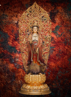 观音佛像观世音菩萨家用款供奉南海普陀山铜像东来紫西方三圣摆件