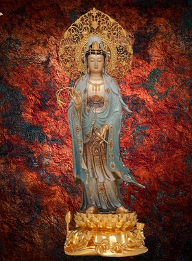 观音佛像观世音菩萨家用款供奉南海普陀山铜像东来紫西方三圣摆件