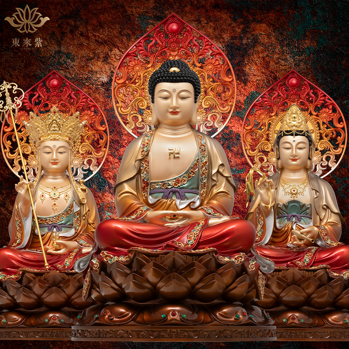娑婆三圣珐琅彩观音地藏释迦佛菩萨摆件家用佛堂铜工艺品装饰