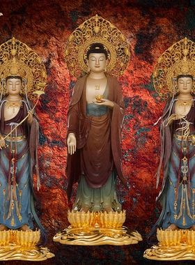 西方三圣佛像阿弥陀佛雕像大势至菩萨铜像观音摆件京铜台湾紫铜金