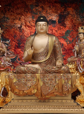 东来紫黄铜华严三圣宝相释迦牟尼佛文殊普贤菩萨家用京铜摆件