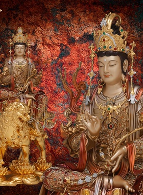 东来紫文殊铜华严三圣宝相释迦牟尼佛普贤菩萨家用京铜摆件