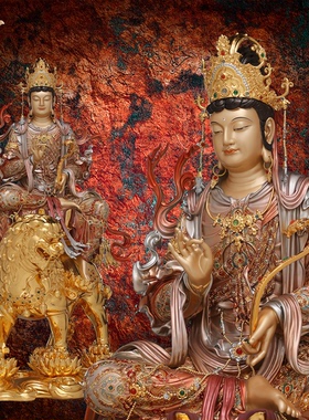 东来紫黄铜华严三圣宝相释迦牟尼佛文殊普贤菩萨家用京铜摆件