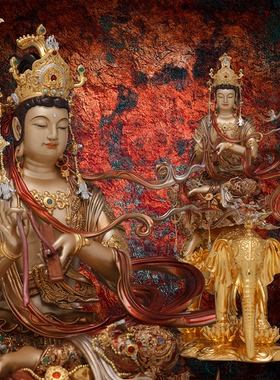 东来紫普贤铜华严三圣宝相释迦牟尼佛文殊菩萨家用京铜摆件