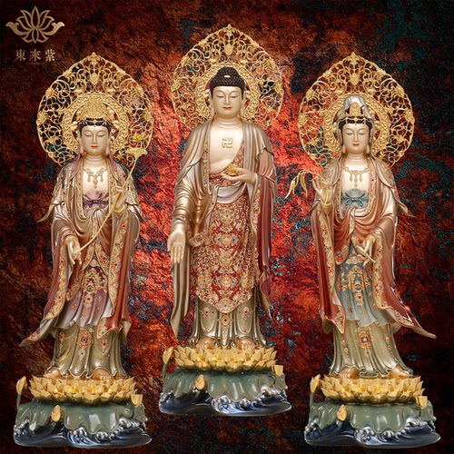 东来紫纯铜西方三圣铜像佛像家里供奉摆件阿弥陀佛像站像佛祖神像