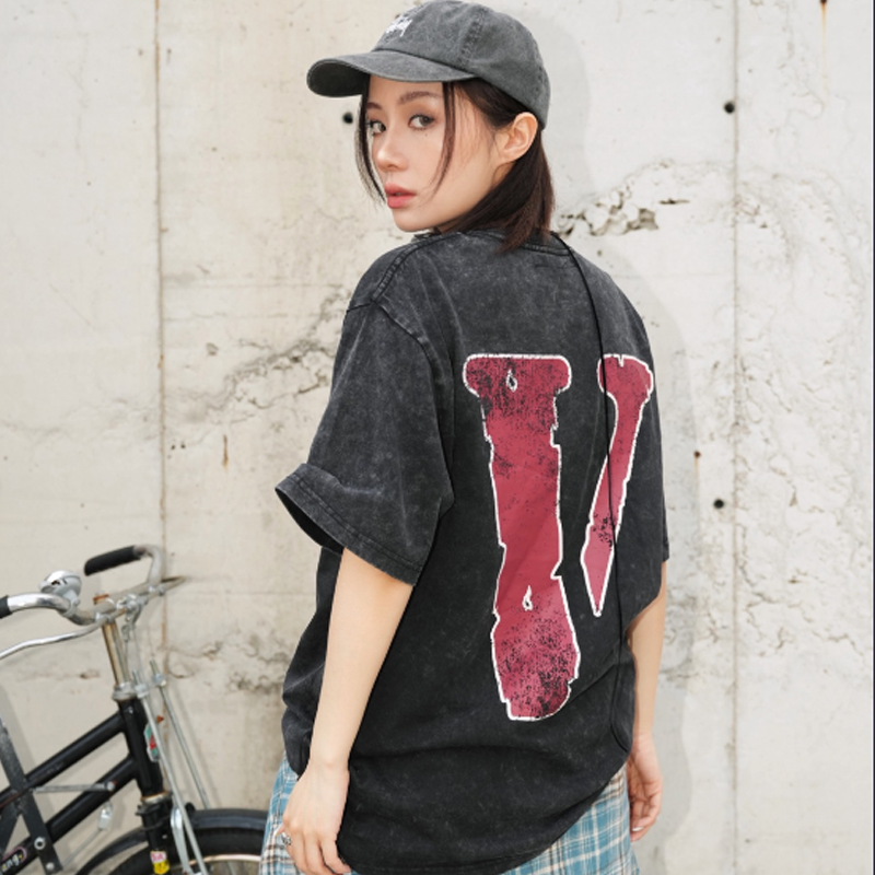 VLONE短袖T恤男女美式潮牌夏季新款做旧水洗大V字母印花圆领半袖