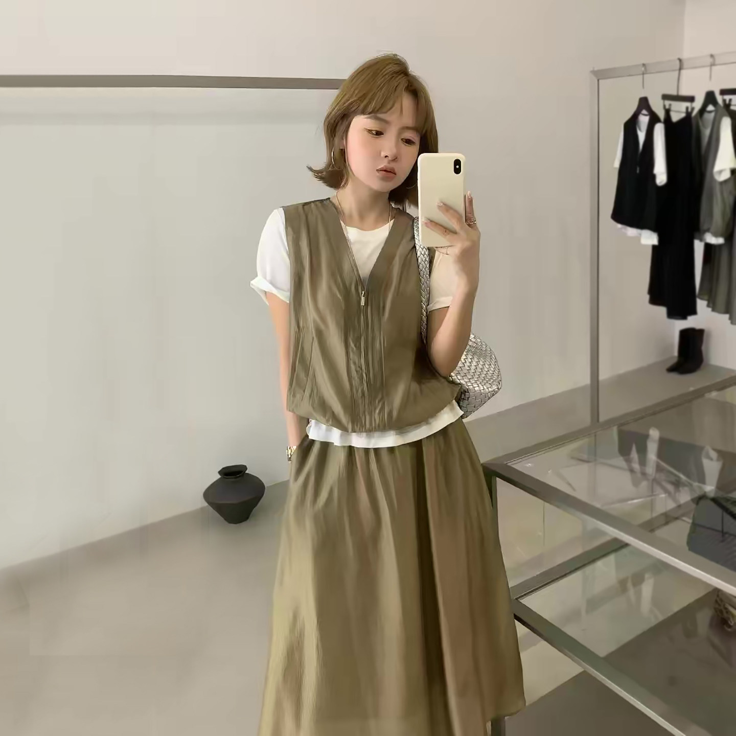 时尚假两件套装女2026夏季新款宽松大码洋气减龄短袖半身裙两件套