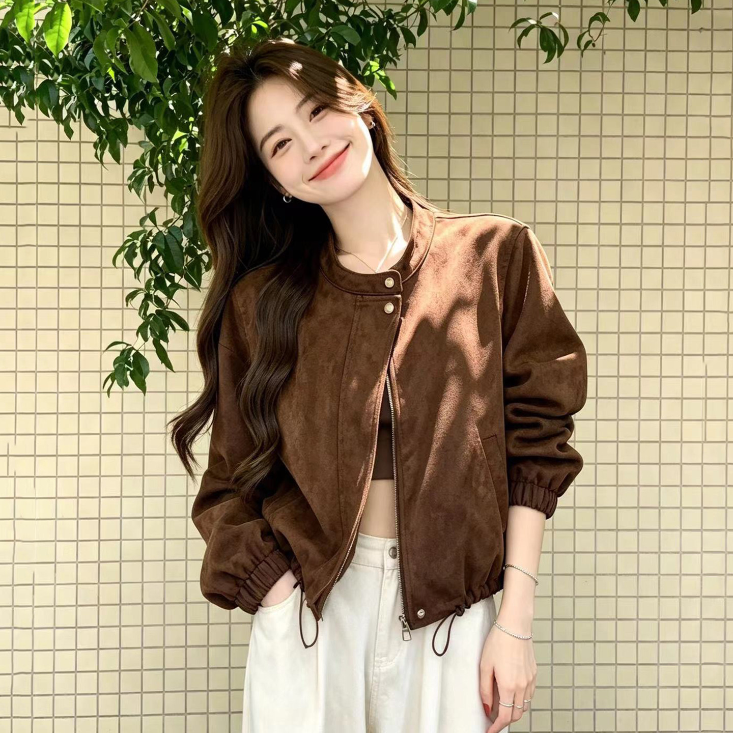 麂皮绒夹克外套女短款立领夹克
