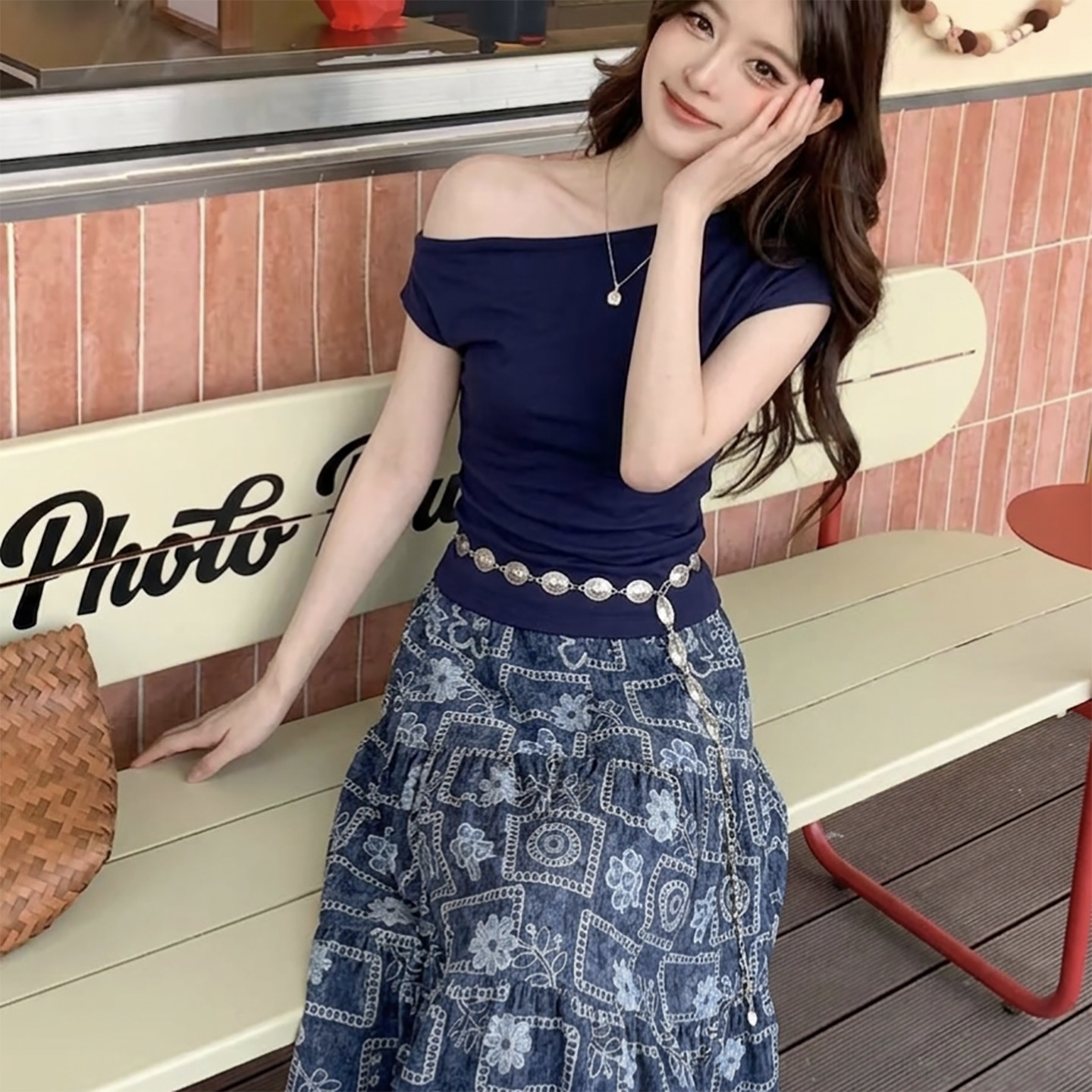 露肩上衣小衫裙子2件套显瘦T恤套裙时尚减龄穿搭女夏季两件套裙装
