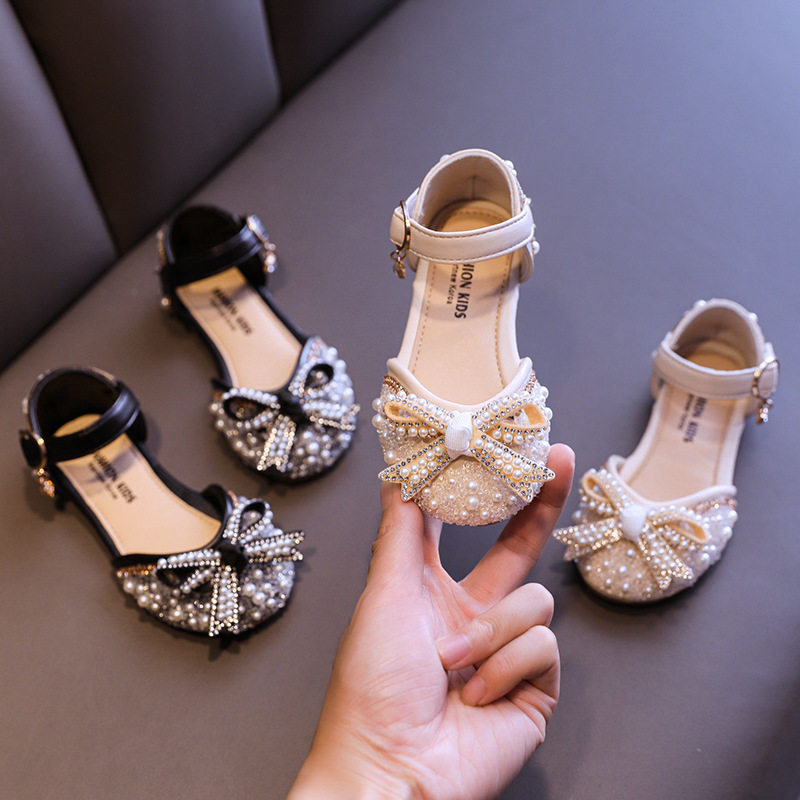 女童公主风浅口蝴蝶结甜美亮闪闪水钻亮片小皮鞋舒适软底少女单鞋