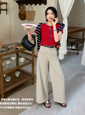 TOP 欧制-侧缝设计显瘦四面弹十分筒裤牛仔裤(配腰带)82566浅卡其