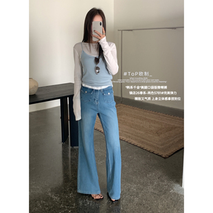 TOP 欧制-韩版口袋版微喇裤完美弹力精致百搭气质牛仔裤5781浅兰