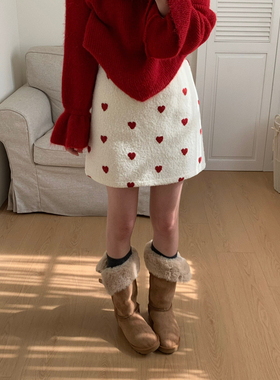 Flower & April-款羊羔绒爱心波点半身裙高腰包臀裙半身裙160955