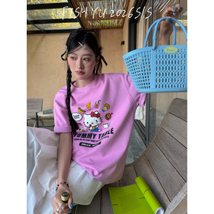 短袖 FISH 气Kitty字母印花圆领宽松款 6年早春春日元 T恤26053