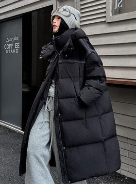 Ousmile黑色长款羽绒服女冬季90%鸭绒加厚保暖连帽外套