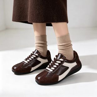 韩版复古德训鞋女学院风休闲运动鞋棕色系带拼色百搭加绒学生板鞋