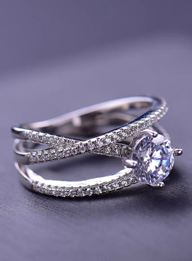 1克拉三生三世莫桑钻戒指925银镀金女款结婚钻戒订婚戒指