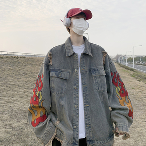 秋季潮牌破洞刺绣宽松男嘻哈牛仔夹克XZ405-1-JK6618-P98