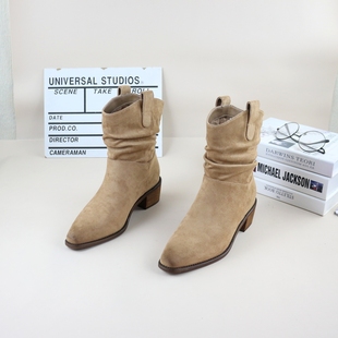 43秋冬季新款加绒粗跟方头褶皱时尚复古英伦风女堆堆靴西部短靴