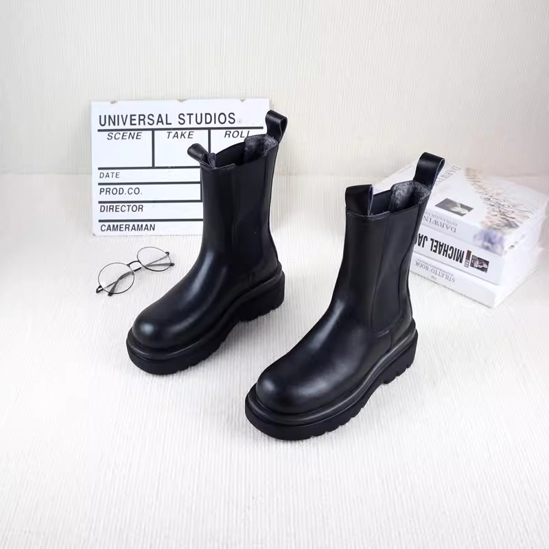 真皮牛皮烟筒靴女厚底单里