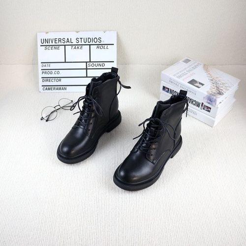 秋冬真皮内增高中跟女马丁靴