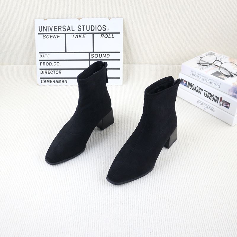 粗跟中跟方头加绒显瘦女瘦瘦短靴