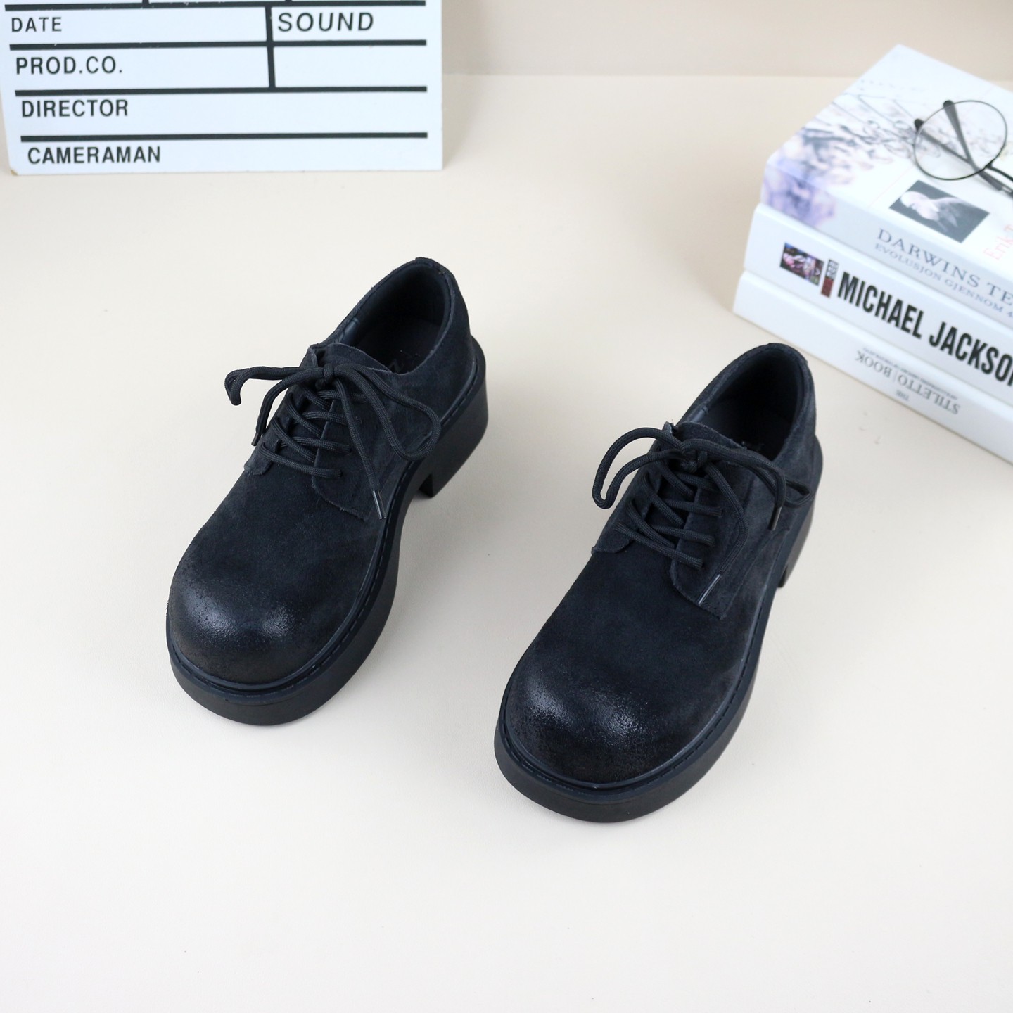 真皮磨砂牛皮粗跟大头勃肯乐福鞋