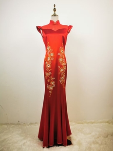 婚庆晚宴主持人敬酒旗袍礼服 蜀葵双秋 娇古苏绣 苏绣盘金绣