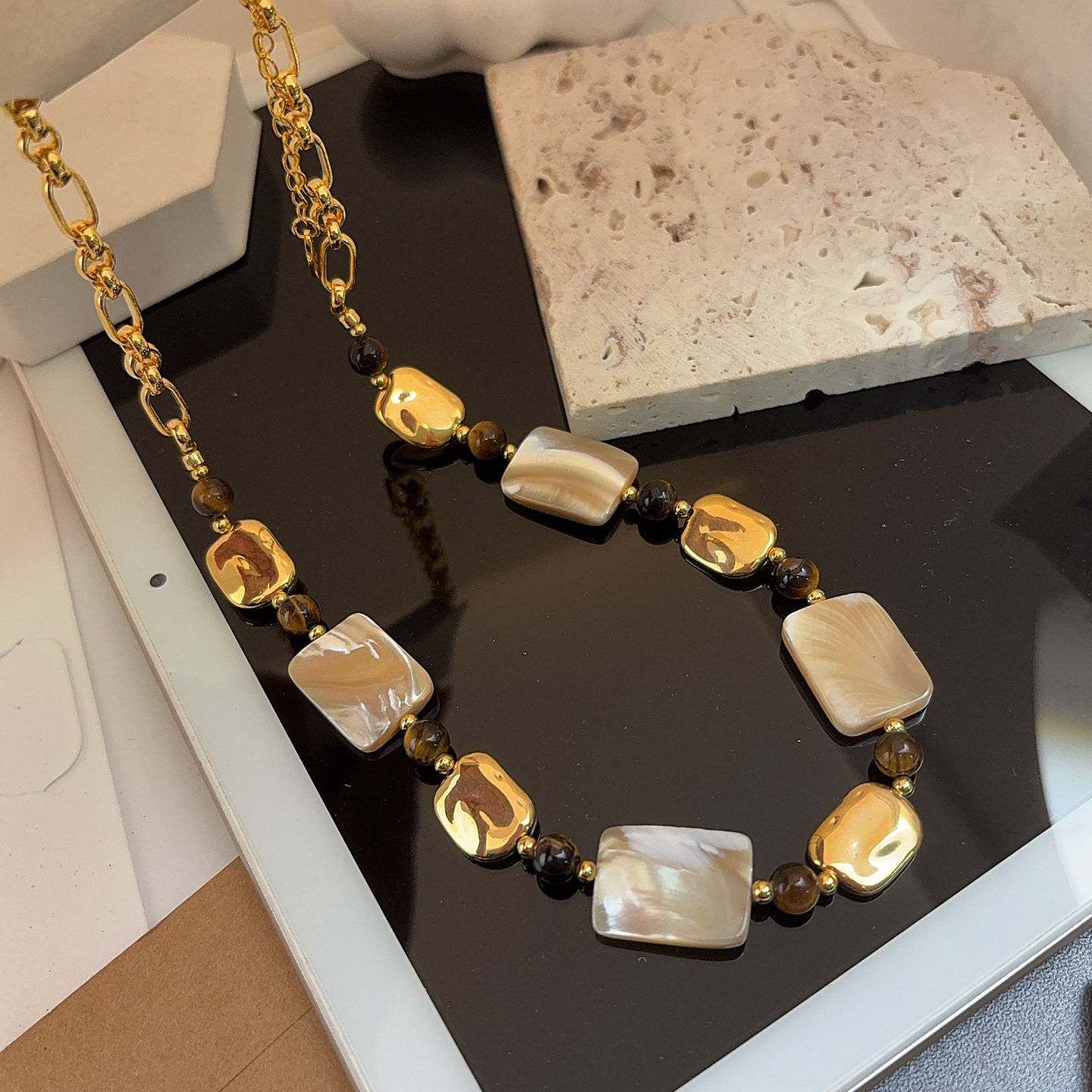 欧美多层巴洛克珍珠项链复古贝母方块珍珠颈链毛衣链短款