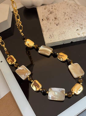 欧美多层巴洛克珍珠项链复古贝母方块珍珠颈链毛衣链短款