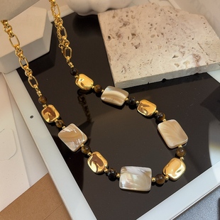 欧美多层巴洛克珍珠项链复古贝母方块珍珠颈链毛衣链短款