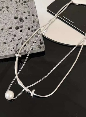 韩国ins轻奢复古简约时尚双层叠戴项链冷淡风个性黑色吊坠毛衣链