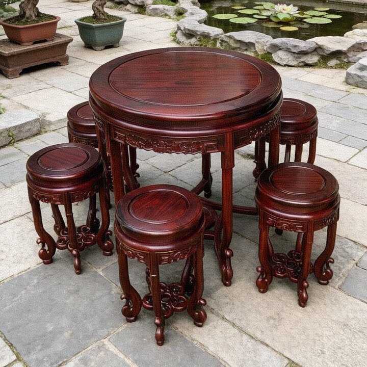 酸枝木红木餐桌圆桌实木中式仿古家用圆台餐桌组合小圆桌一桌五凳