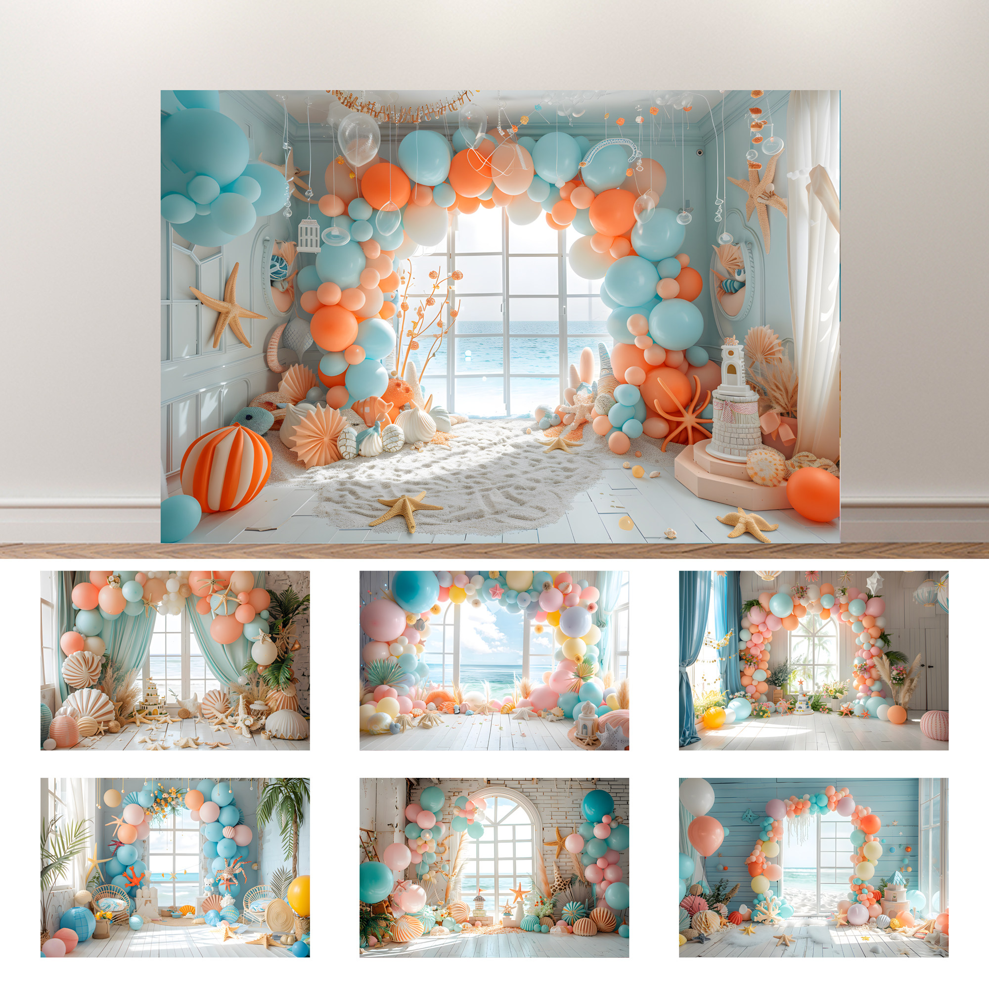 夏日海边沙滩气球布景写真摄影背景布儿童生日背景墙甜品台装饰布
