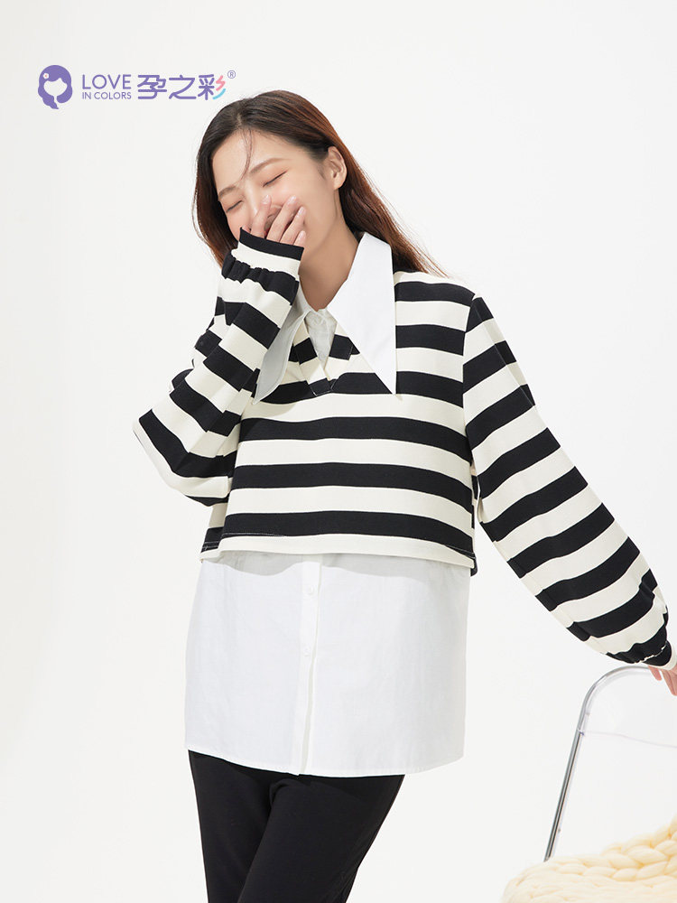 [몰에서도 같은스타일] 임부복 봄가을스타일 셔츠 스트라이프티셔츠 패셔너블한 수유투피스세트