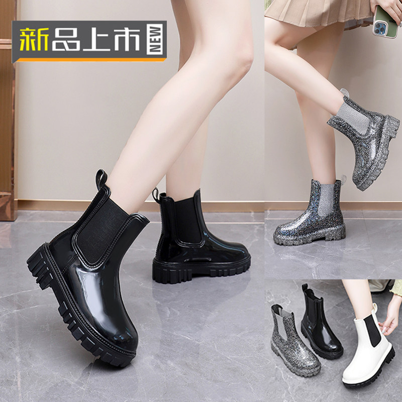 女款短筒厚底雨鞋内增高防滑水鞋