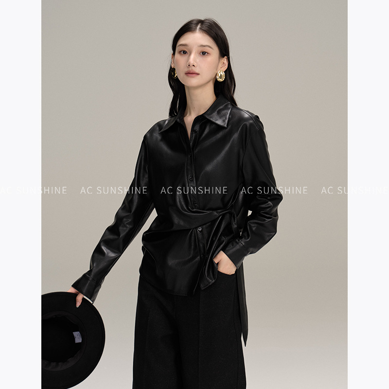 环保有型pu皮衬衫女收腰系带日常通勤休闲上衣H19088