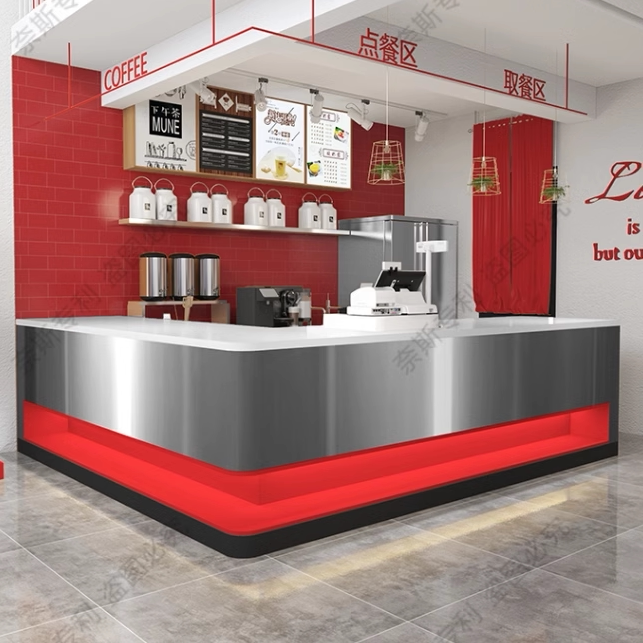 定制现代轻奢高端弧形前台餐饮奶茶店吧台收银台转角不锈钢水吧台