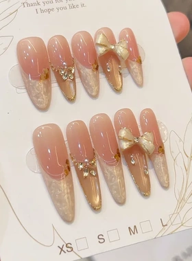 丝绒小姐纯手工螺纹法式蝴蝶结精品穿戴甲纯欲美甲贴片显白假指甲
