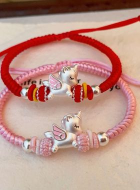 足银999独角兽手链马上有钱招财本命年红绳手链男女儿童新年手绳