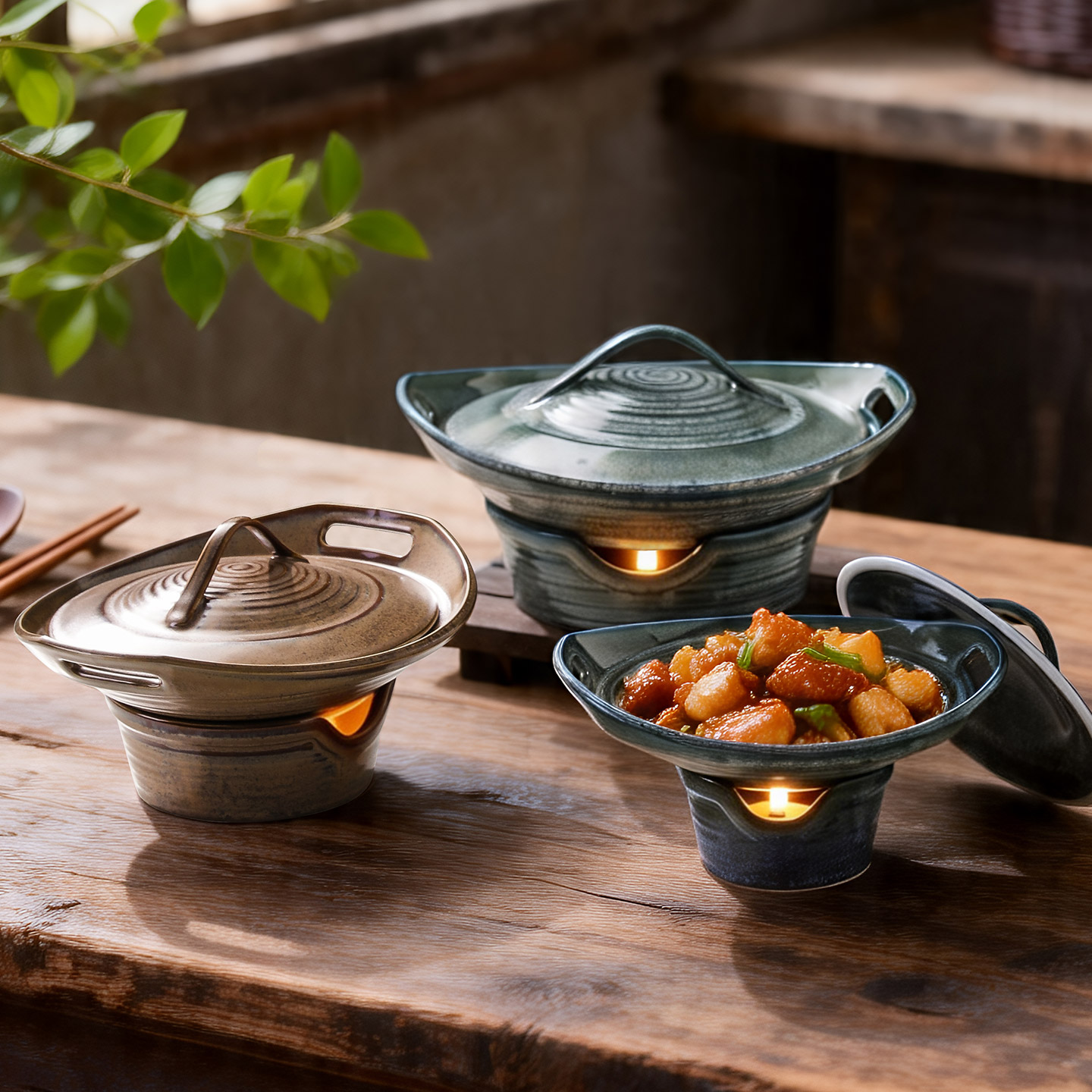 窑变陶瓷保温菜盘带炉座家用酒店蜡烛酒精加热明炉干锅盘特色餐具图片