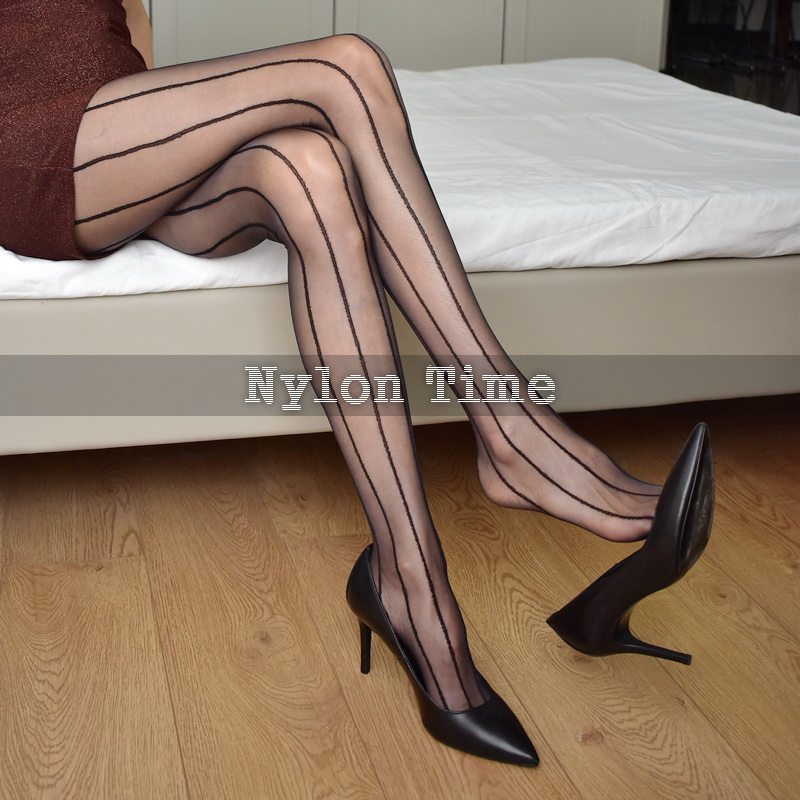 包邮油亮T裆开裆免脱超薄多竖线提花条纹透趾油光定脚型连裤丝袜