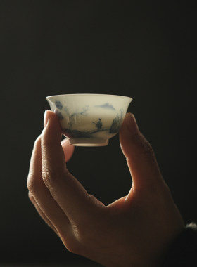 赋山叙丨溪山访友若深杯景德镇手绘青花客杯潮汕功夫茶杯三杯套装