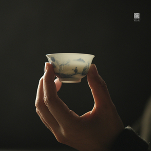 赋山叙丨溪山访友若深杯景德镇手绘青花客杯潮汕功夫茶杯三杯套装