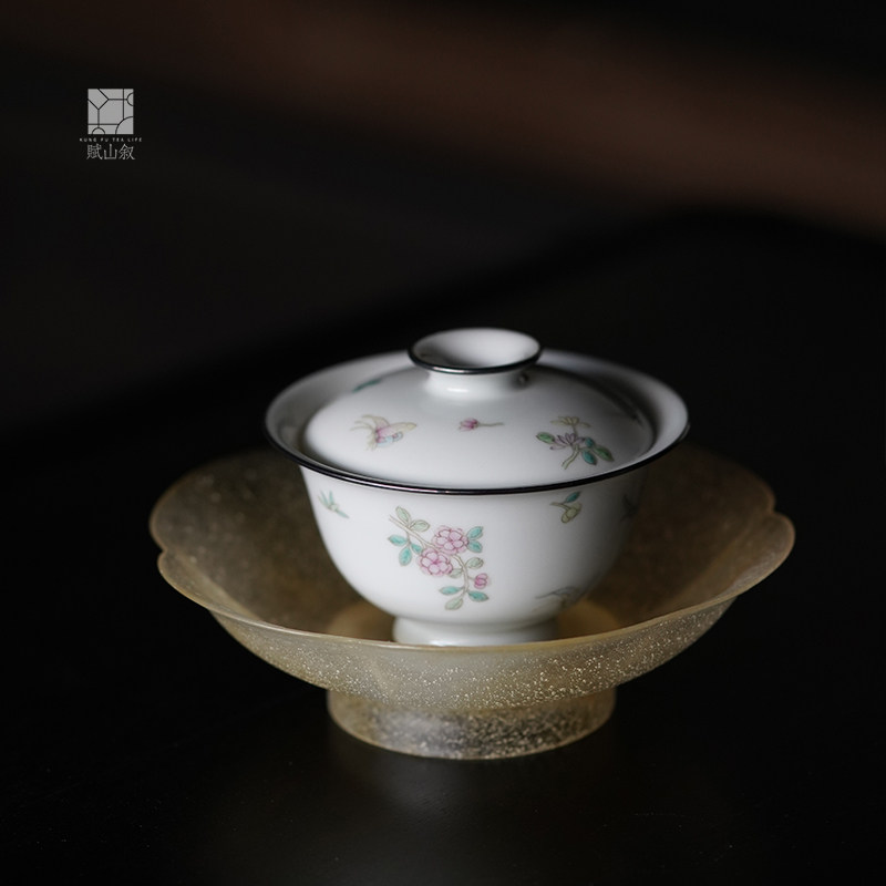 【赋山叙官方】戏蝶逐花盖碗手绘粉彩景德镇陶瓷两才泡茶碗不烫手,餐饮具,盖碗,淘宝优惠券,粉丝福利购,淘宝优惠卷