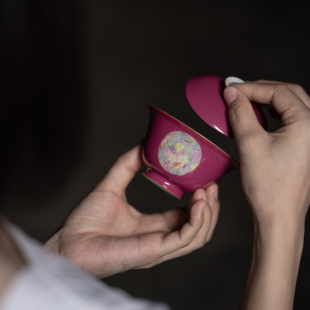 【赋山堂官方】胭脂红手绘粉彩盖碗景德镇中式青花描金多款泡茶碗