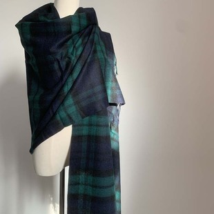 尾货 秋冬苏格兰格子纯羊毛围巾披肩 秋冬加厚保暖绿色