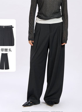 Sweet Basil/紫淑极简风高腰阔腿裤女黑色垂感宽松显瘦通勤休闲裤