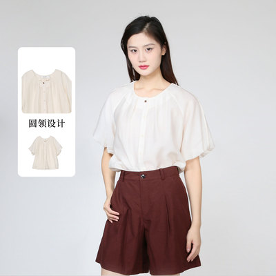 紫淑夏季优雅圆领压褶女衬衫