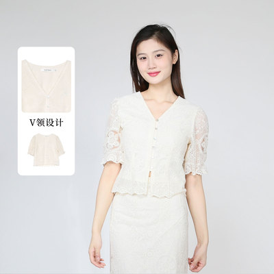 紫淑夏复古V领短袖蕾丝衬衫